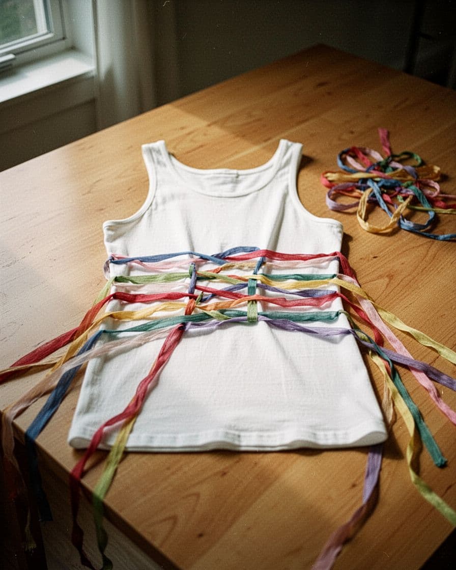 White tank top with colorful ribbon woven across the back on a wooden table.