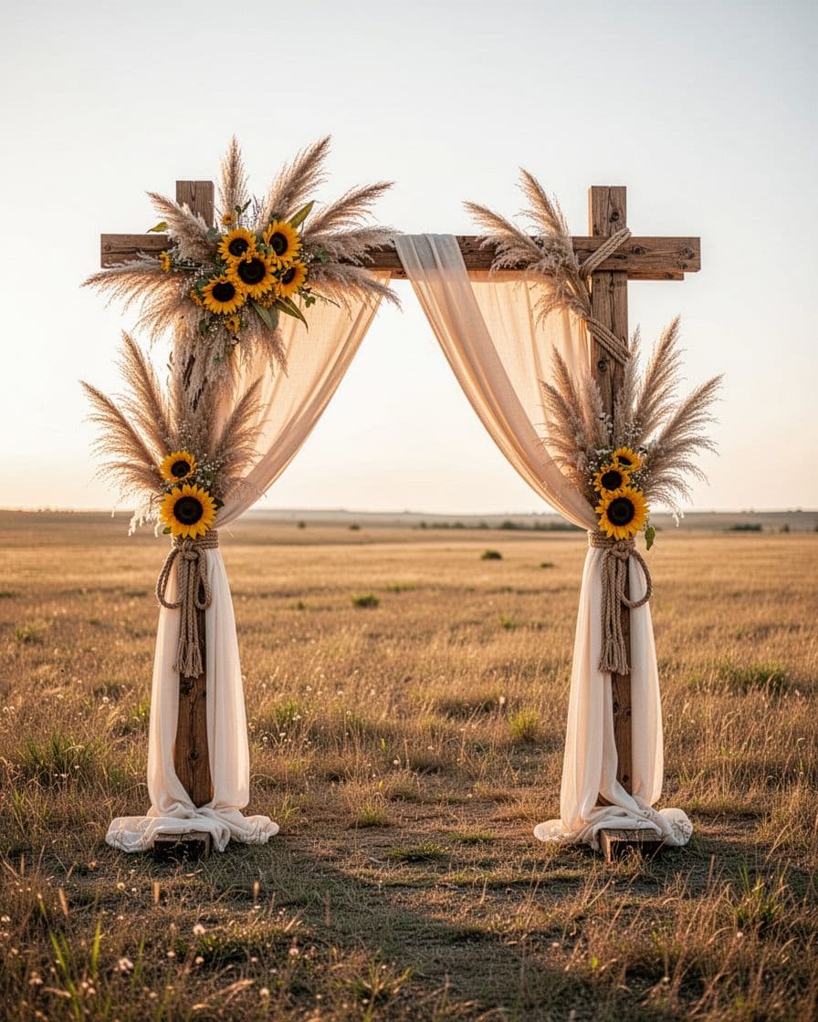 Rustic timber arch with cream fabric, pampas, and sunflowers on an open prairie.