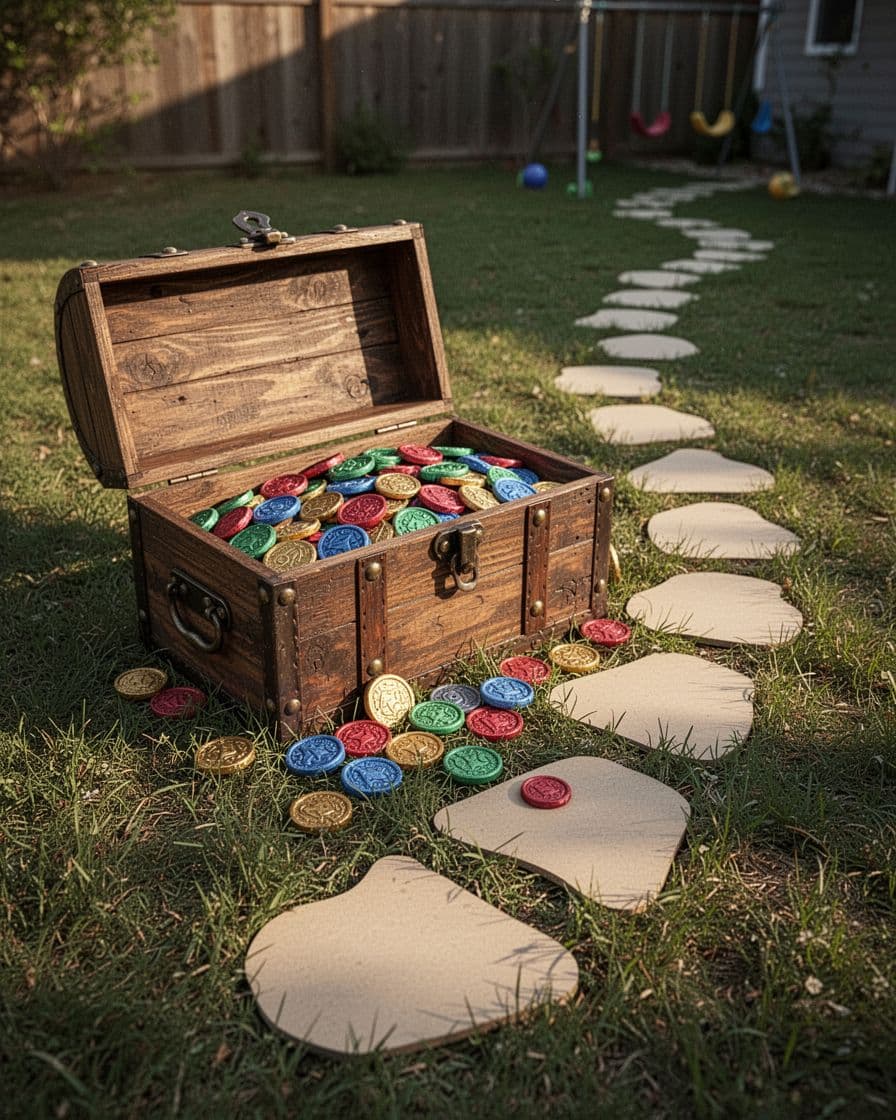 Wooden treasure chest with colorful tokens beside a backyard clue path.