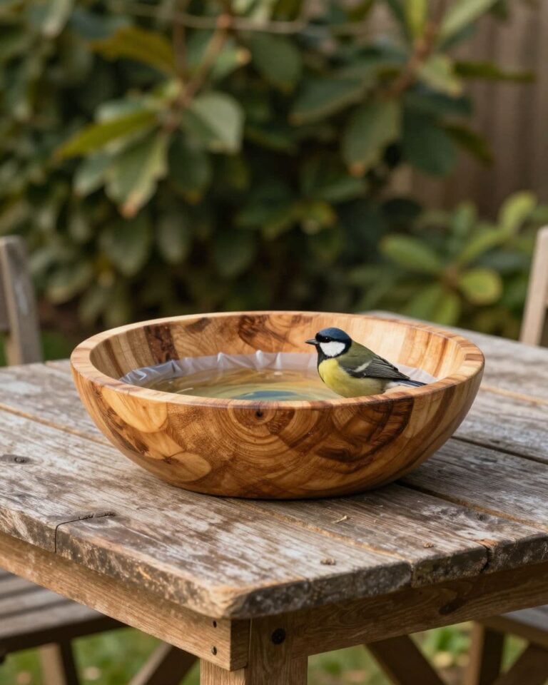 A bird stands beside a lined wooden bowl bird bath on a garden table.
