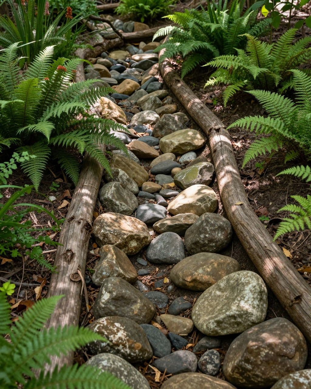 A stone-lined dry creek bed winds through ferns and shade plants in a woodland backyard.