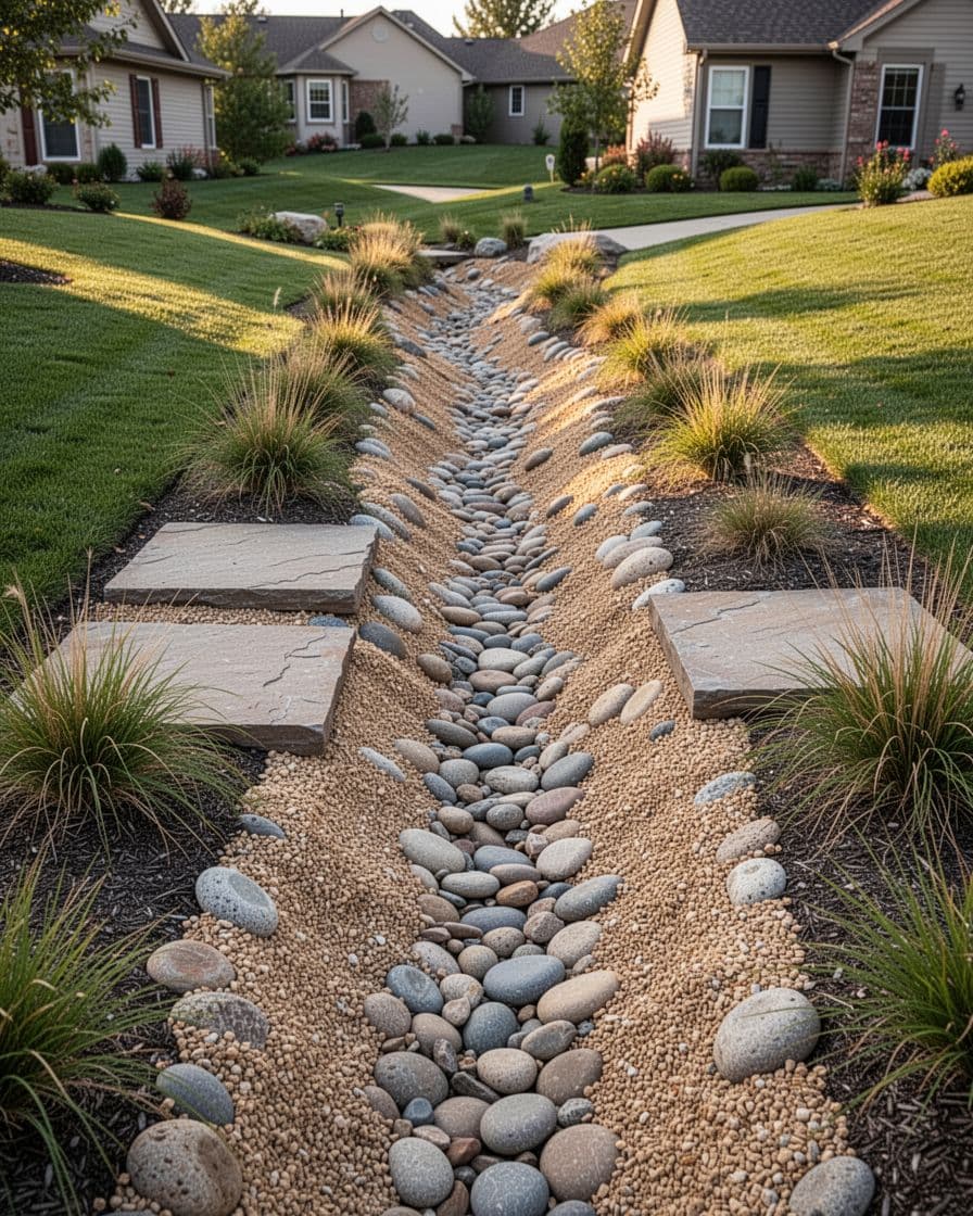 A gravel creek bed slopes through a side yard with stones and ornamental grasses.
