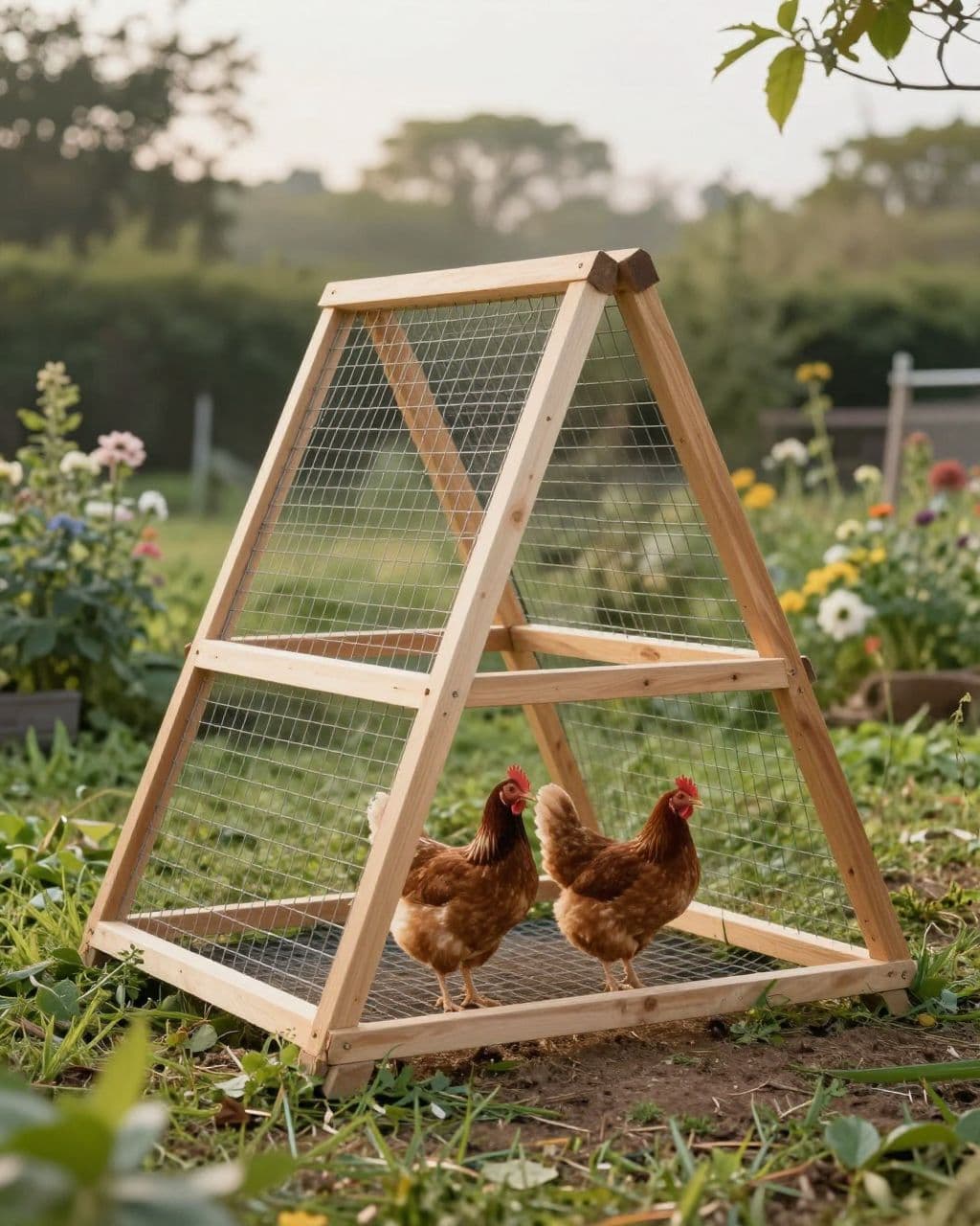 A small A-frame chicken coop with two hens in a garden.
