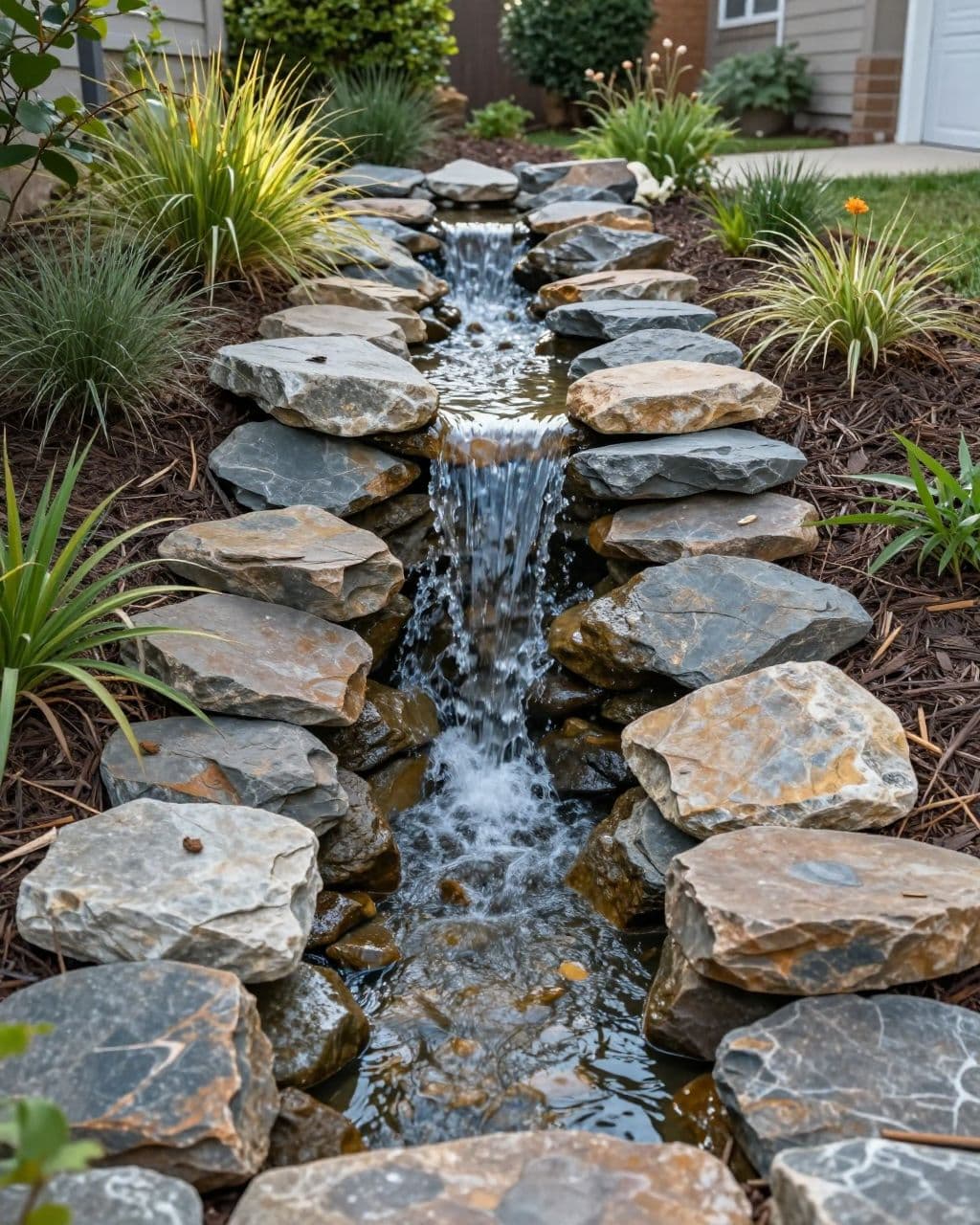 A dry stone waterfall leads into a shallow channel among plants and mulch.