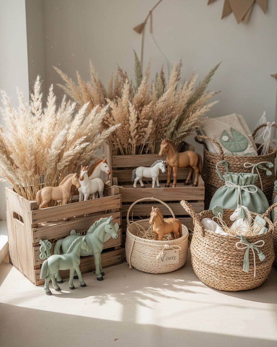 Sage and cream baby shower decor with crates, grasses, baskets, and horse figures.