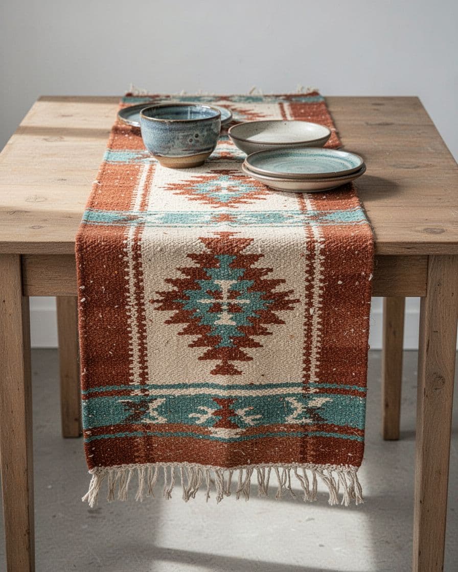 A colorful woven runner decorates a wooden table with ceramic dishes.