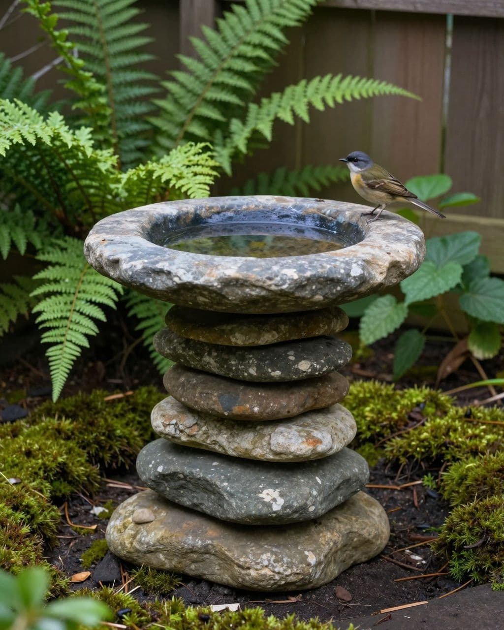 One bird stands beside a dark bowl on stacked stones among moss and ferns.
