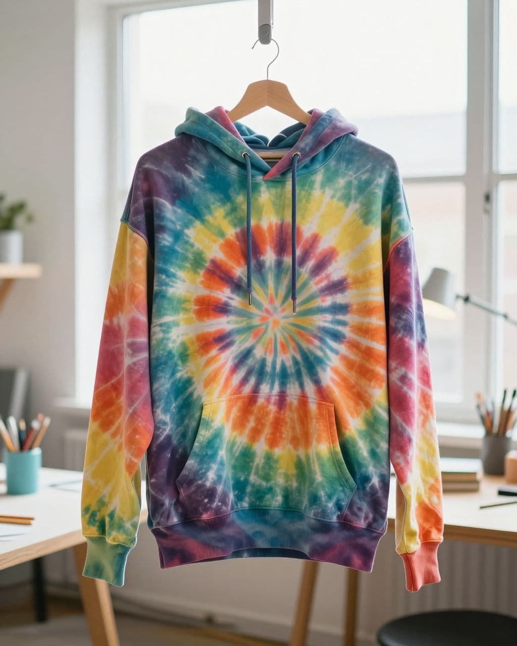 A colorful spiral tie-dye hoodie hangs on a rack in a clean craft studio.