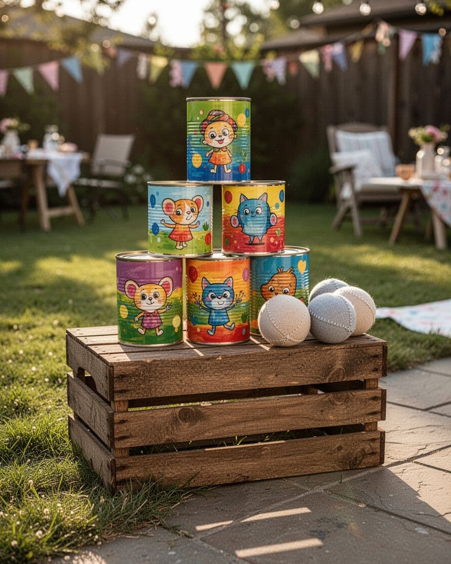 Painted cans stacked on a crate with three soft balls nearby.