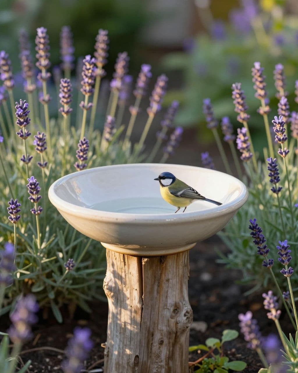 A bird drinks from a ceramic bowl bird bath beside lavender.