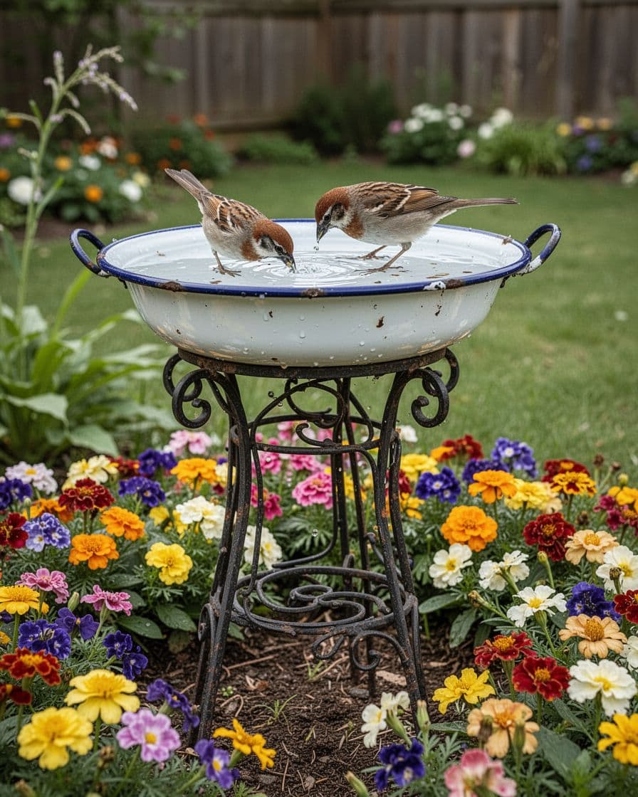 One bird stands beside a vintage basin bird bath among backyard flowers.