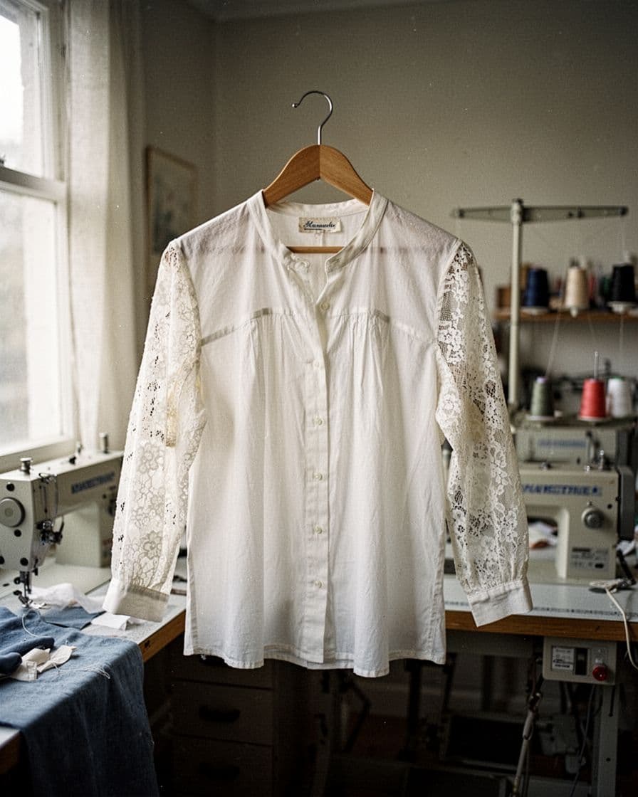 A white lace-sleeved blouse hangs on a wooden hanger in a sewing room.