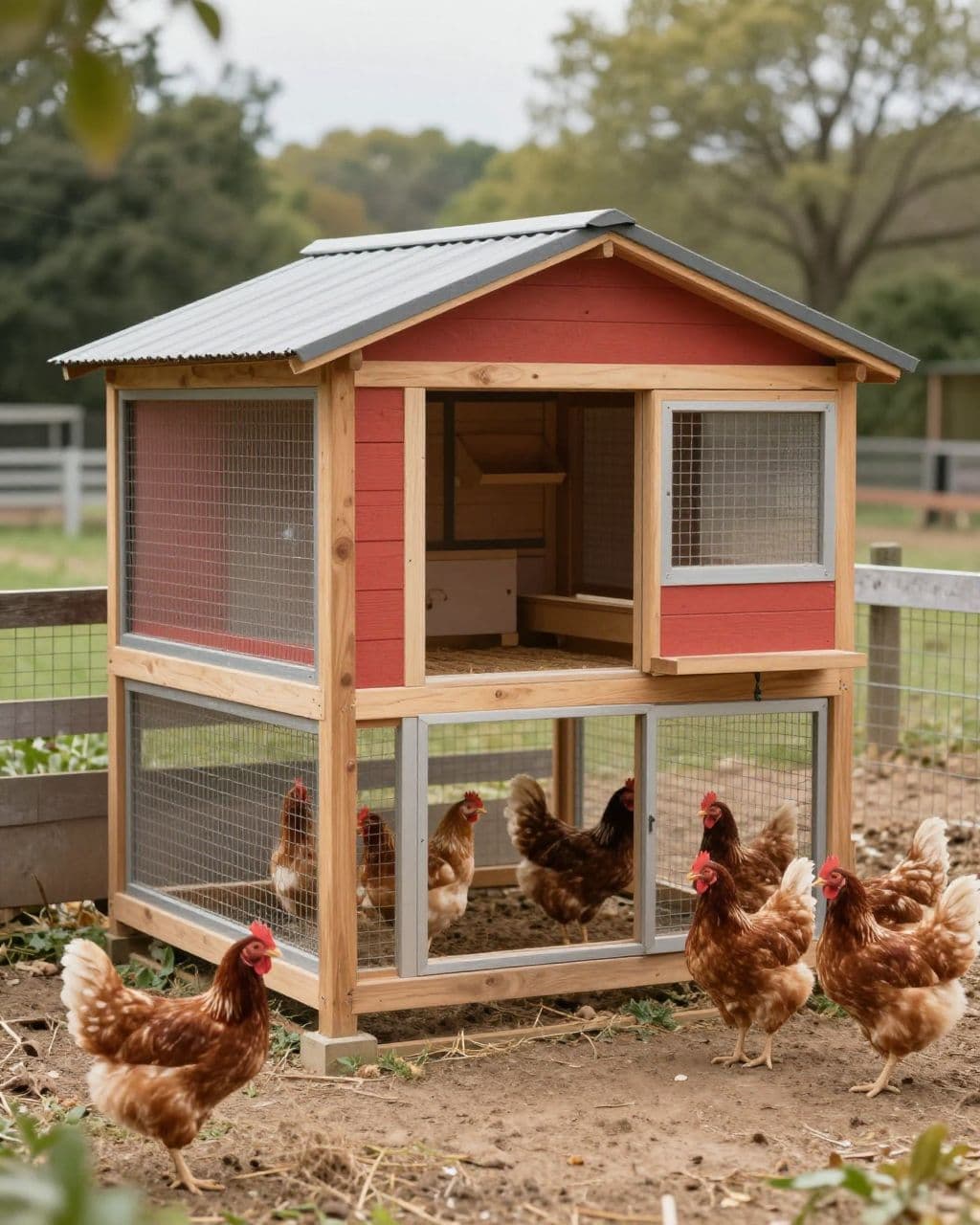 Eight hens inside a spacious walk-in coop with roosts, nesting boxes, and a fenced run.