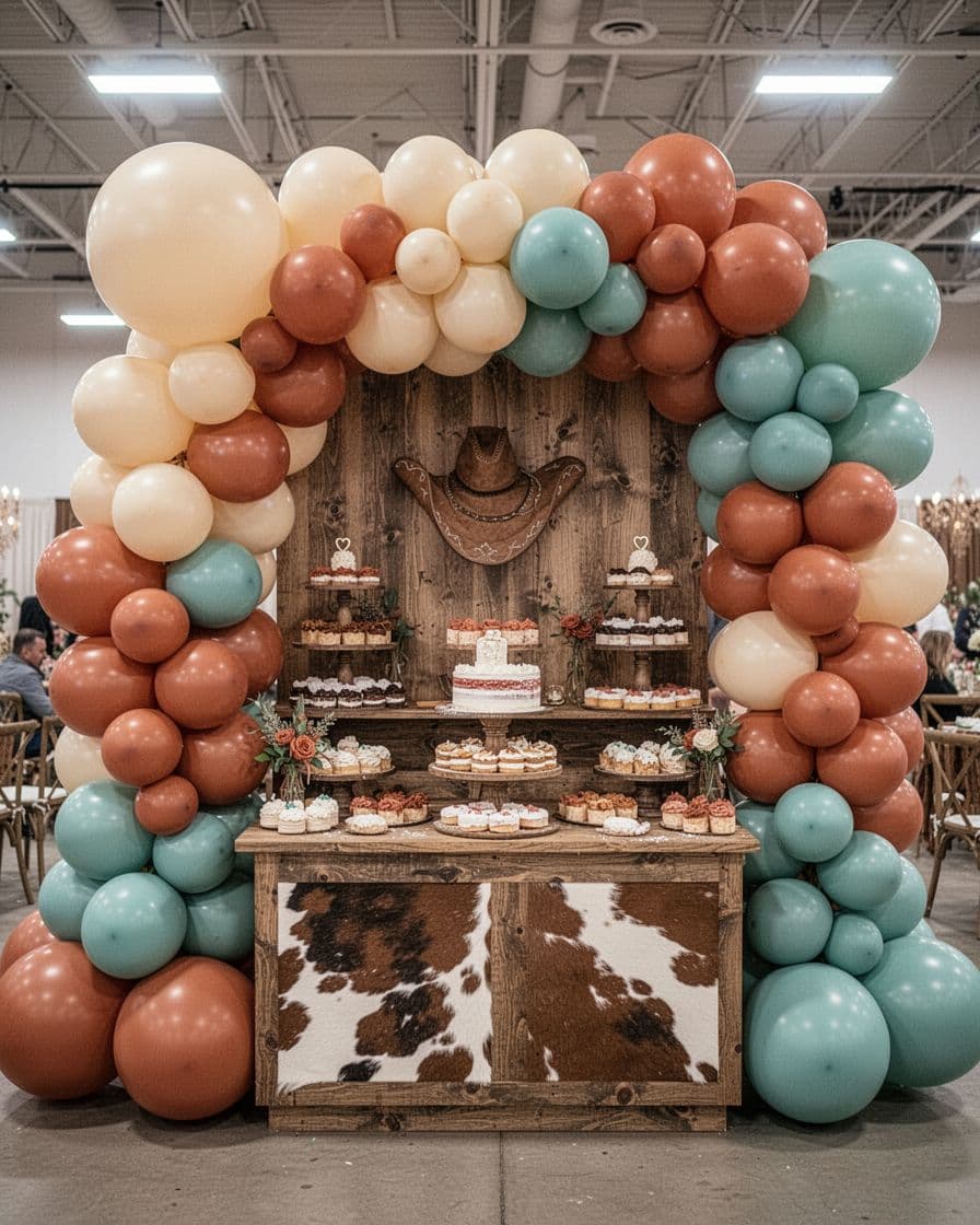 Colorful western balloon garland surrounds a wooden dessert table.