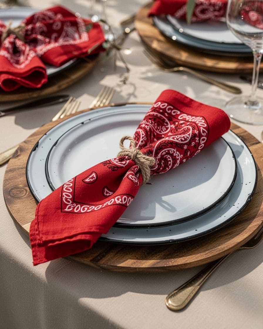 Red bandana napkins tied with rope beside enamel plates and wood chargers.