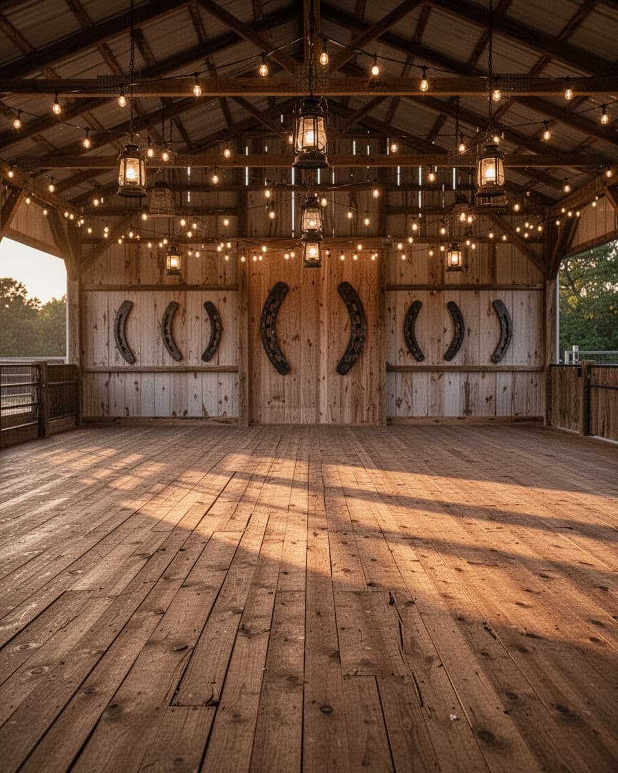 Empty wooden dance floor inside a warmly lit western barn.