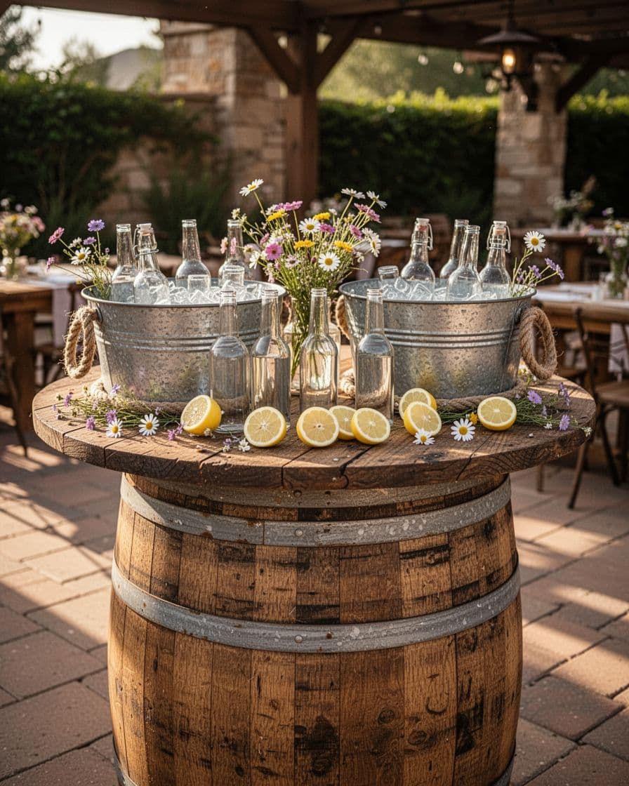 Barrel drink station with bottles, lemons, tubs, and wildflowers outdoors.