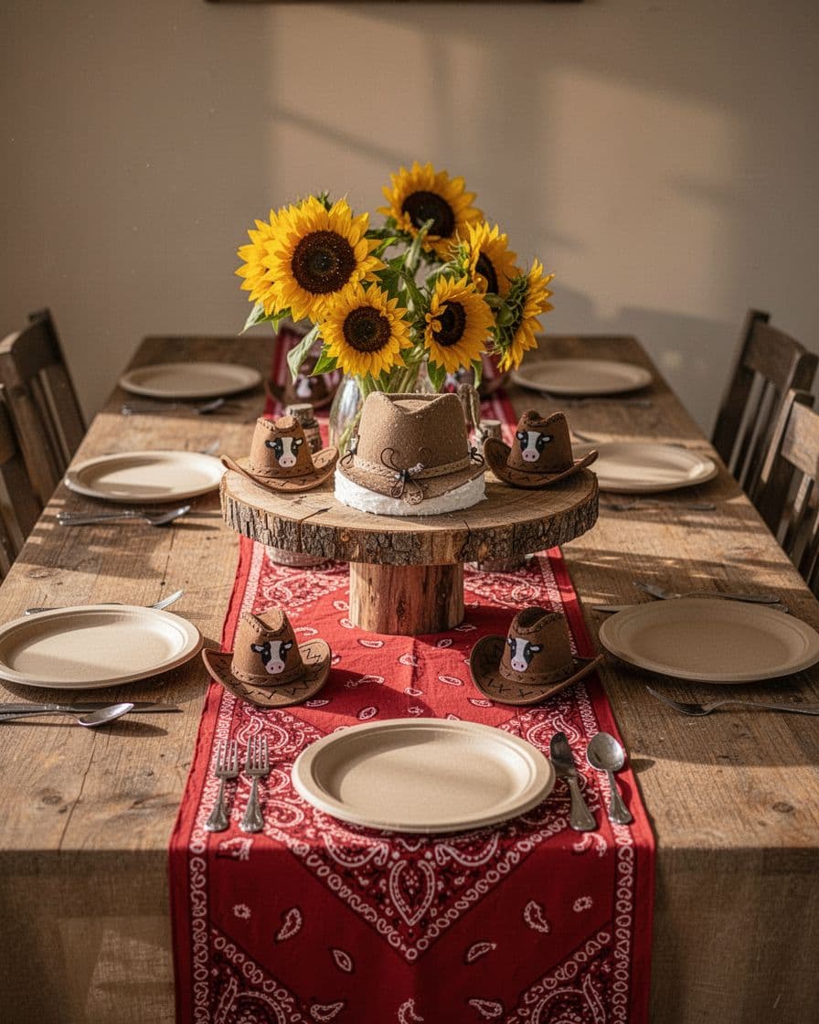 A cowboy-themed birthday table with a cake stand, bandana runner, hats, plates, and sunflowers.
