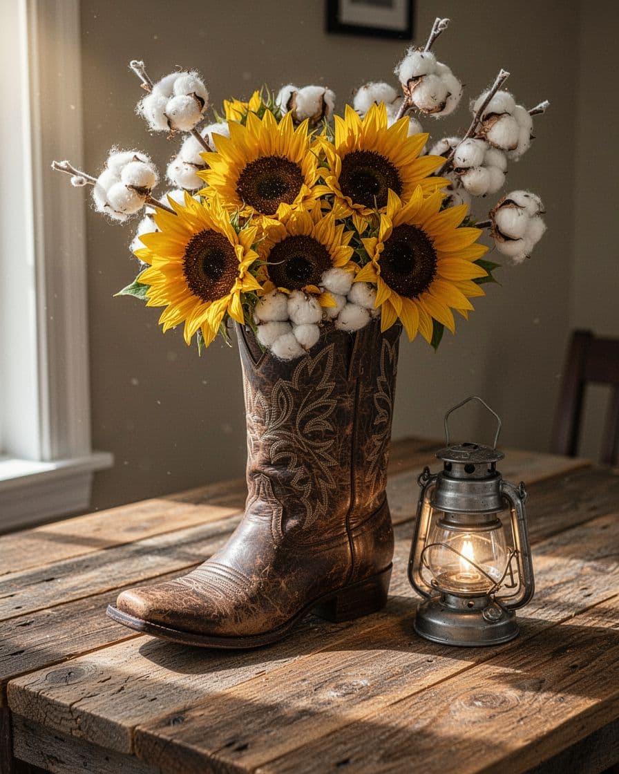 A cowboy boot filled with sunflowers and cotton sits beside a lantern on a rustic wood table.