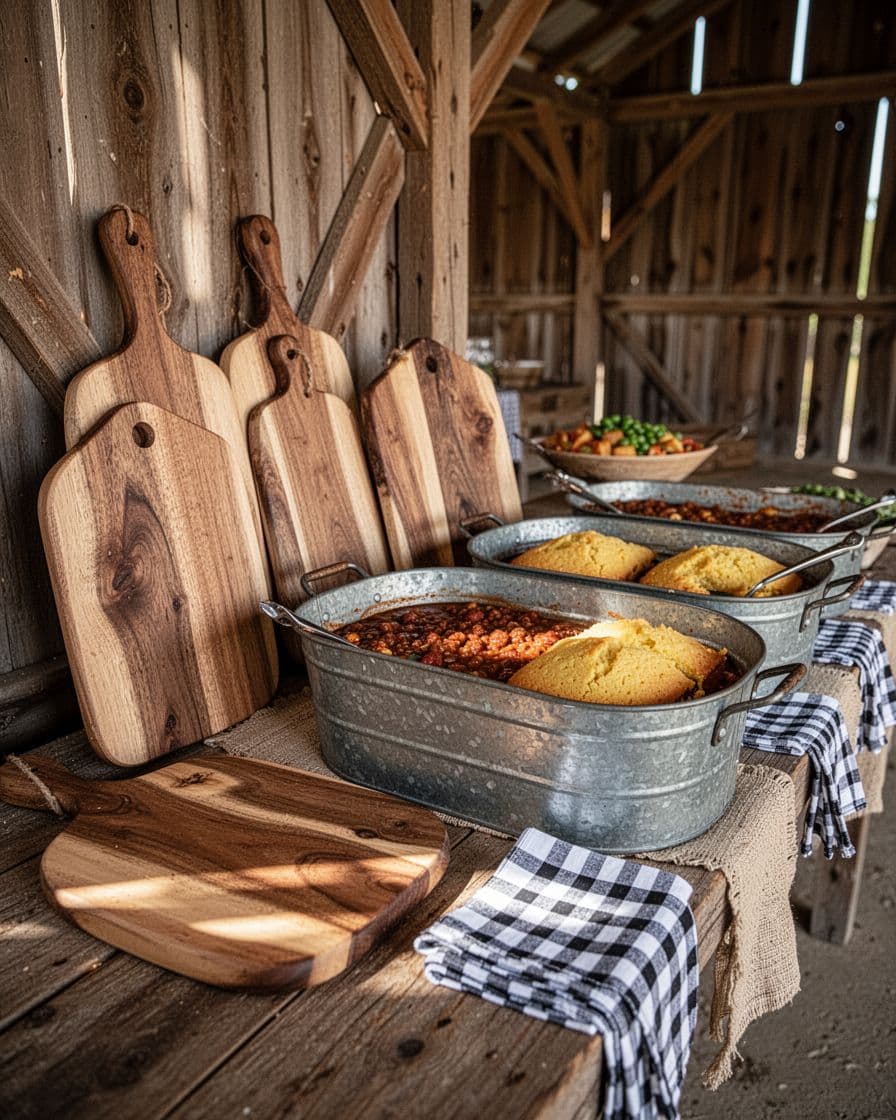 Rustic buffet table with cornbread, chili, serving boards, and checked napkins in a sunlit barn.