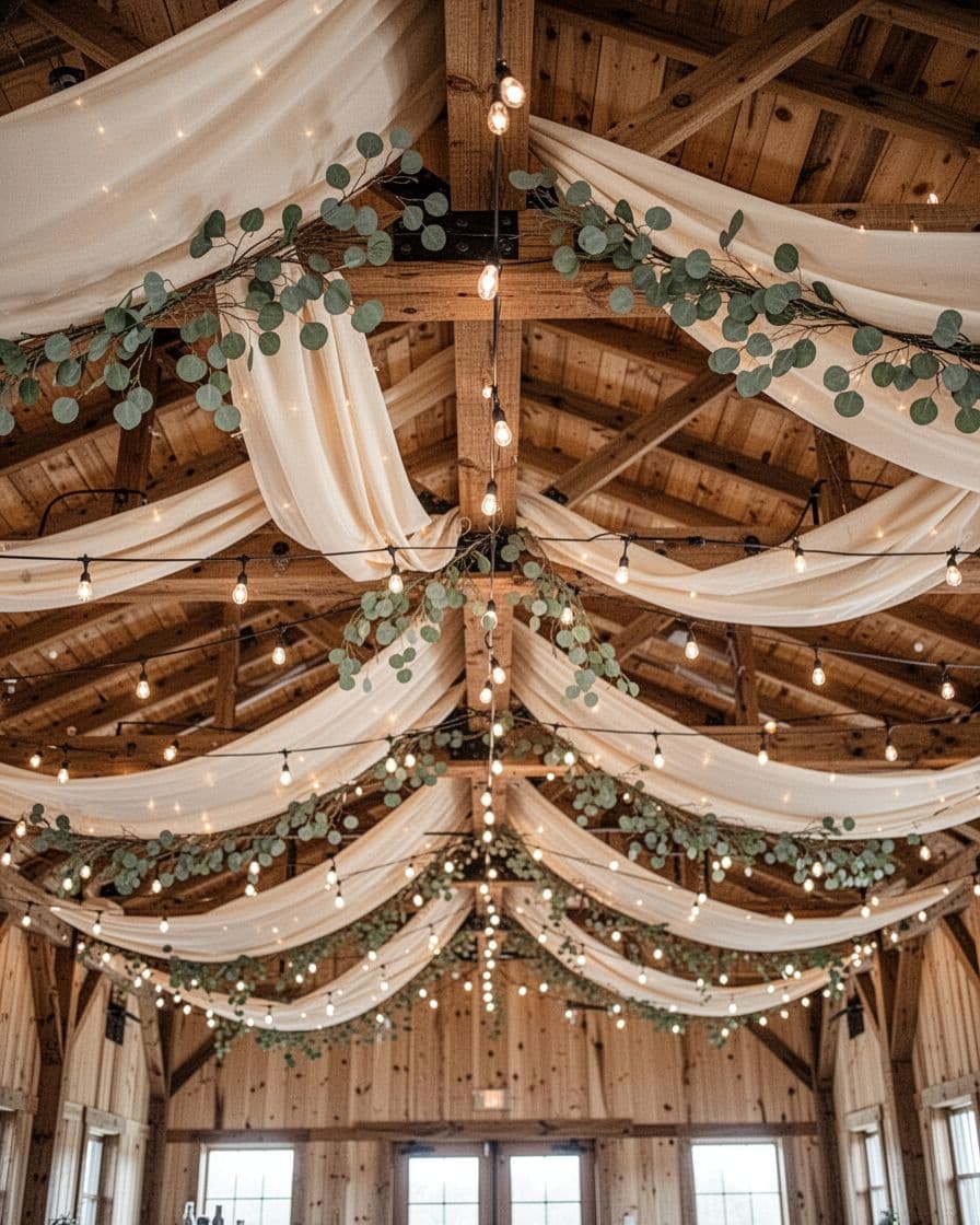 Ivory fabric, greenery, and string lights decorate a rustic wooden ceiling.