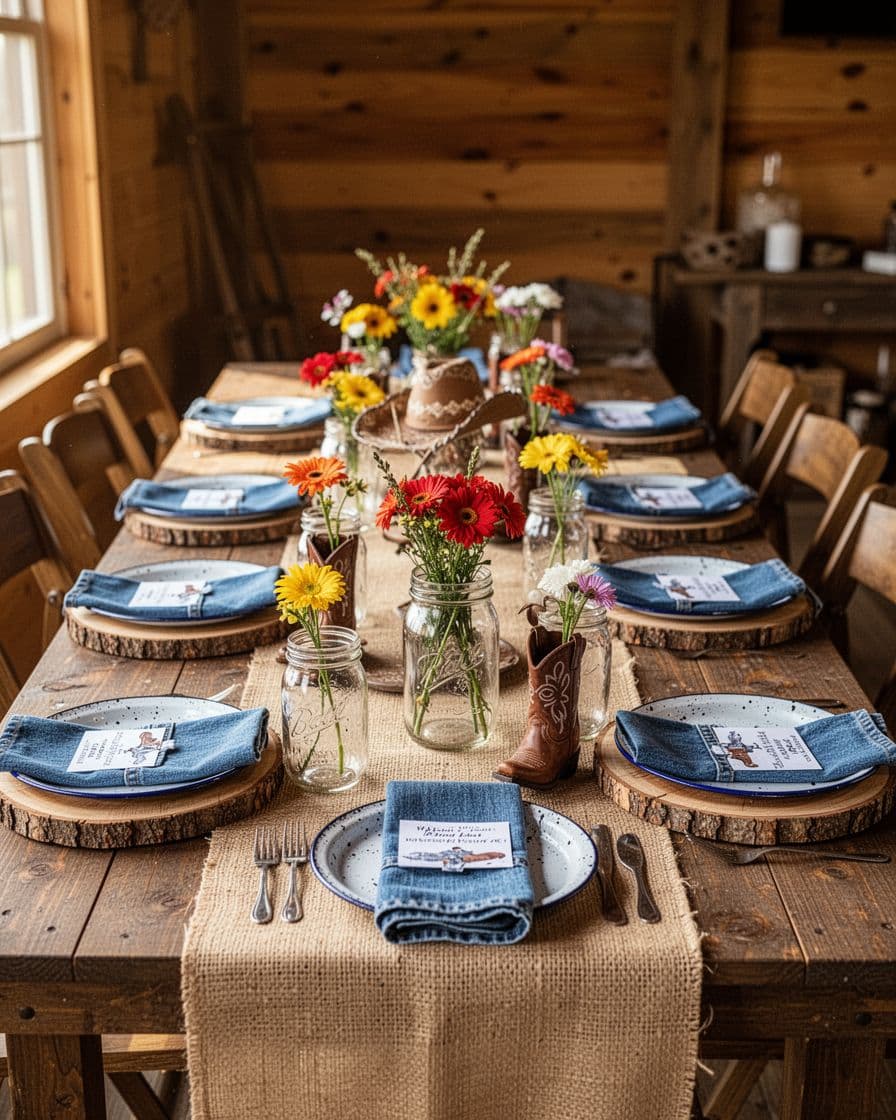 Western table with burlap, denim napkins, enamel plates, jars, and cowboy boot flower vases.