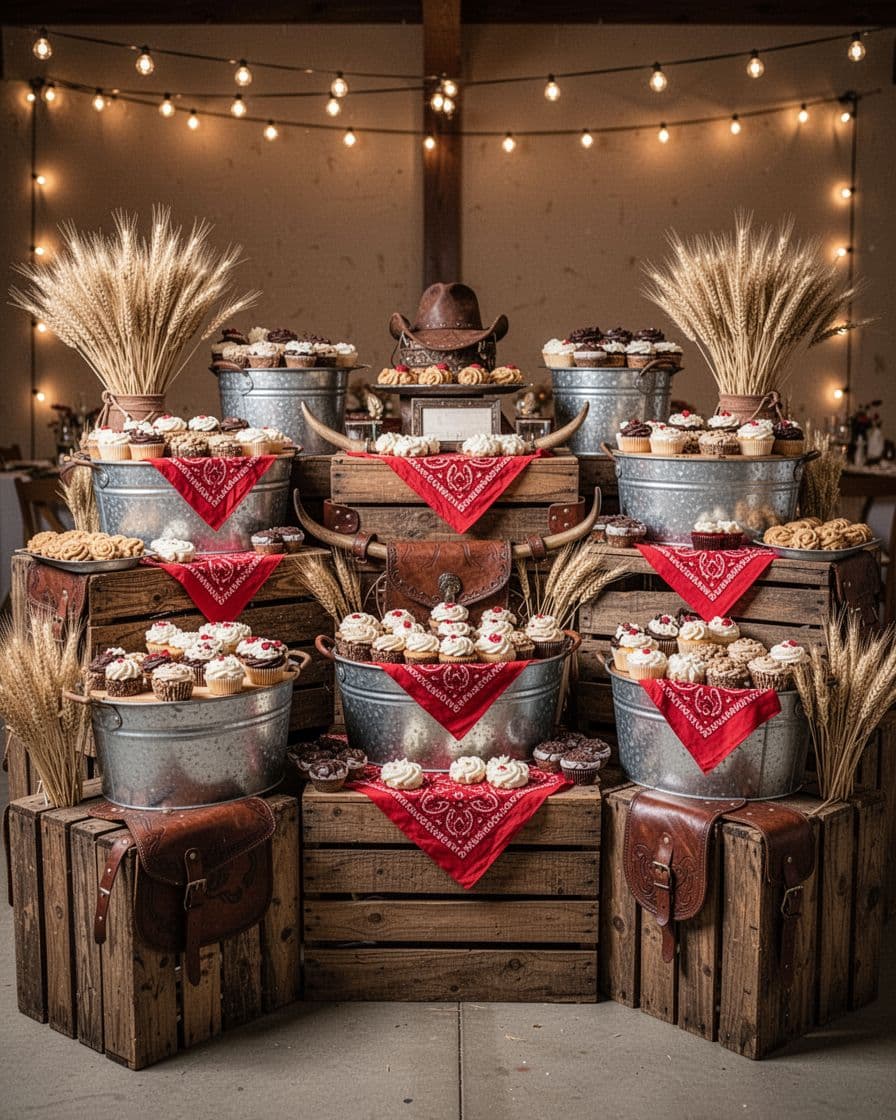 A western dessert table decorated with crates, metal tubs, bandanas, wheat, and string lights.