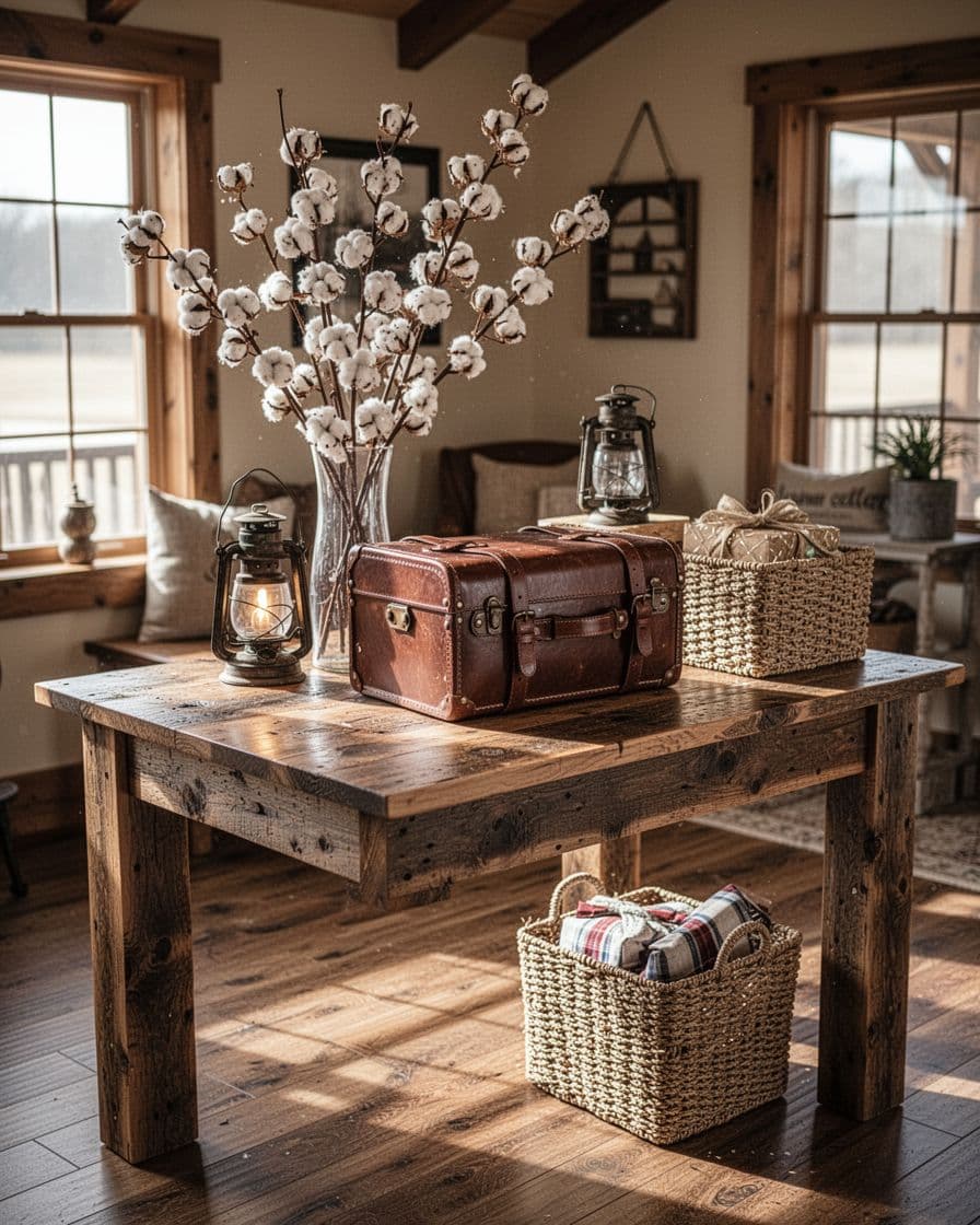Western gift table with a wood chest, lantern, basket, and dried cotton branches.