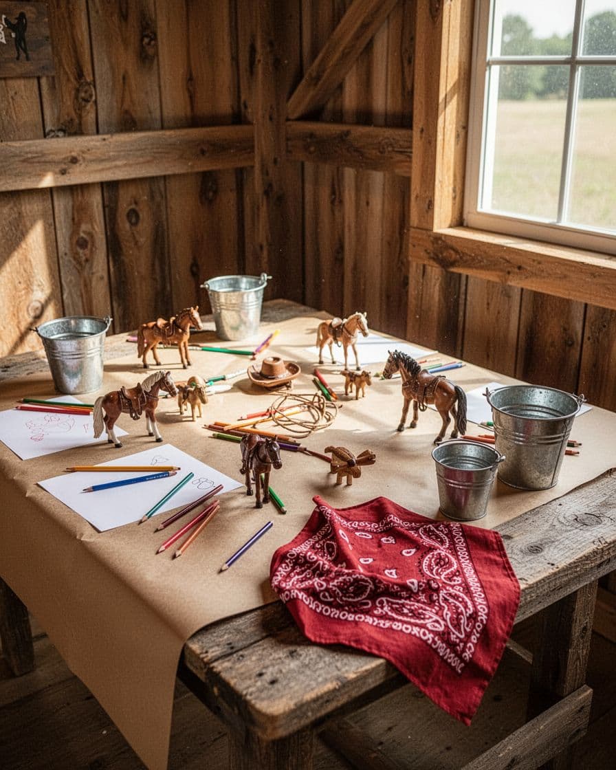 Kids' cowboy activity table with art supplies, toy horses, bandana cloth, and metal buckets.