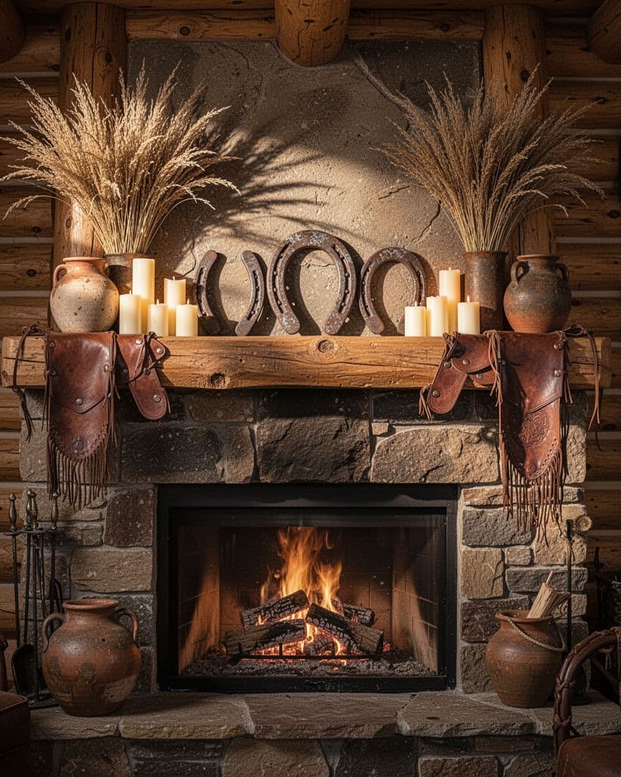 Rustic mantel with horseshoes, candles, dried grasses, pottery, and a glowing fire.