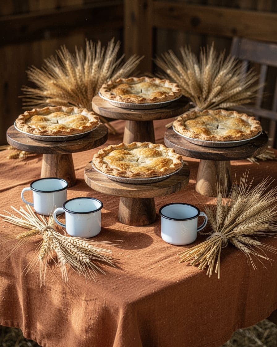 Mini pies on wooden stands with wheat bundles and enamel cups on a rustic table.