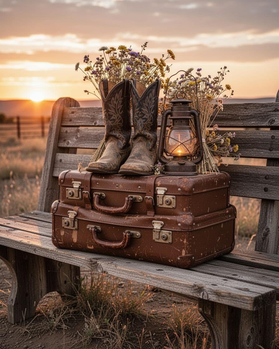 Rustic party exit display with suitcases, boots, a lantern, and dried flowers.