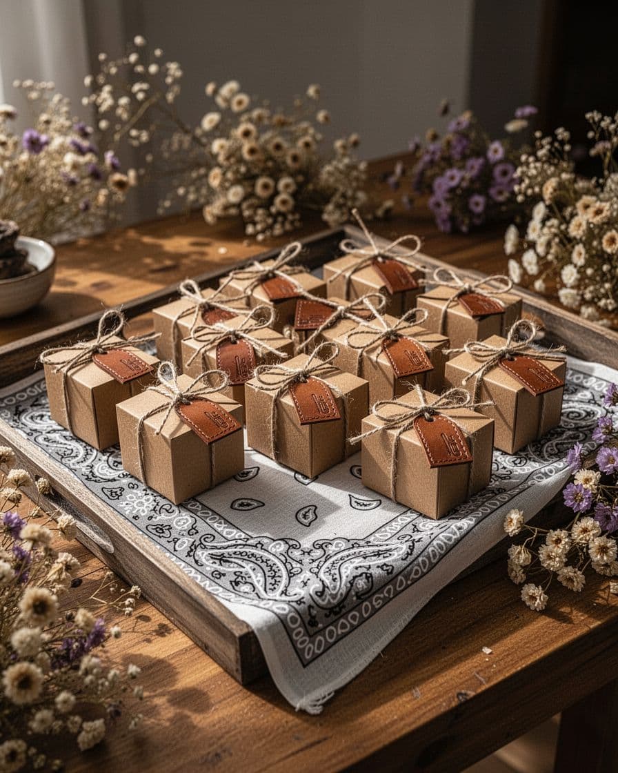 Kraft favor boxes and dried flowers arranged on a rustic western party table.