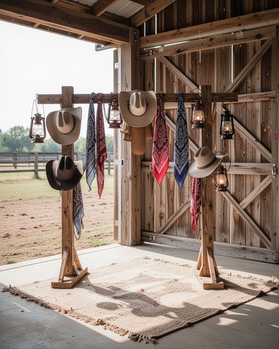 A rustic photo booth corner with cowboy hats, bandanas, lanterns, and a barn wall.