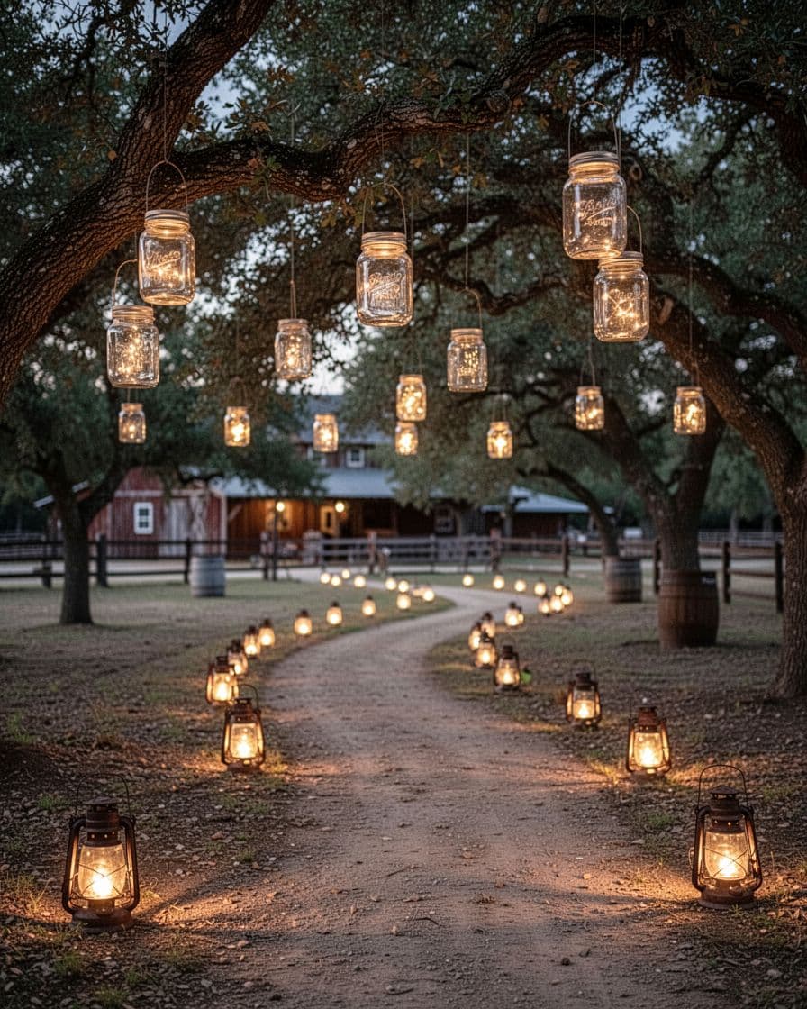 Mason jar lanterns glow in a ranch yard and along a path at dusk.