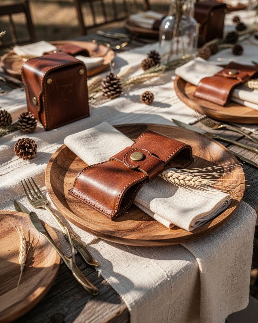 Western place settings with wood plates, cream linen, leather-look holders, pinecones, and wheat.