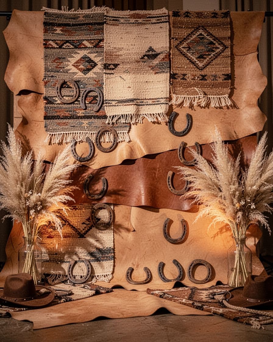 Rustic western photo backdrop with layered panels, rugs, horseshoes, and pampas grass.